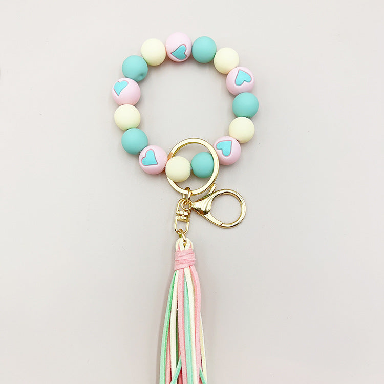 Wholesale Colorful Heart Silicone Beaded Velvet Tassel Wrist Keychain